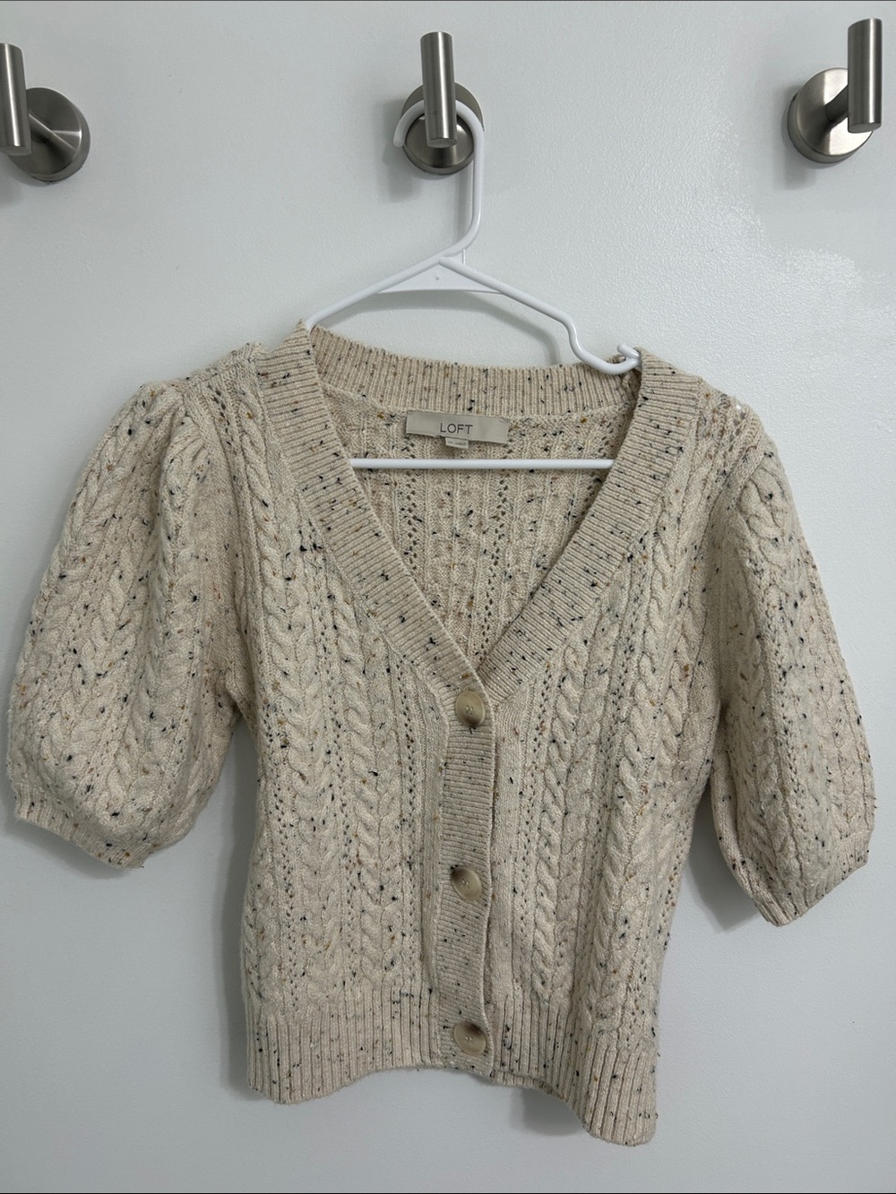 LOFT Cream Speckled Cable Knit Short-Sleeve Cardigan